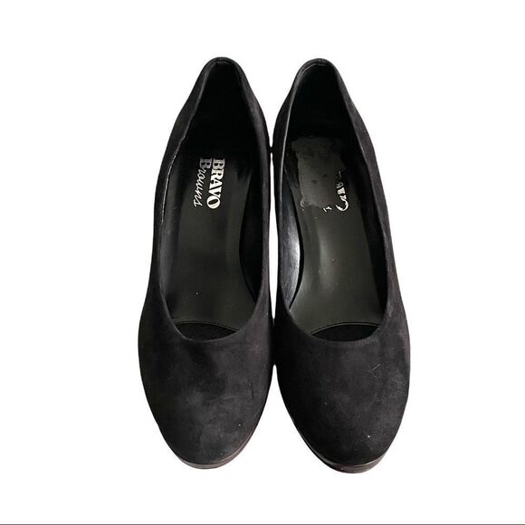 𝅺BROWNS SHOES Suede Slip On Almond Toe Pump Heels Platform Black - Picture 6 of 12